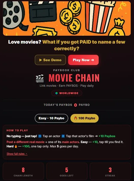 Play Movie Chain — name movies by their stars and earn Paybos